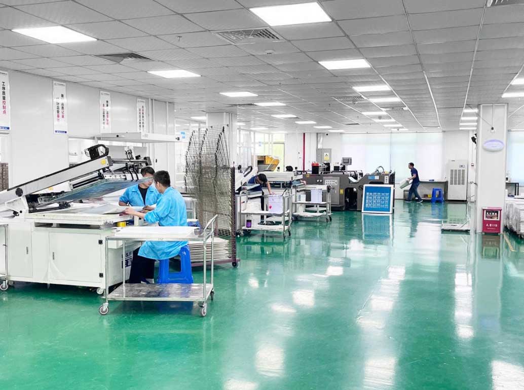 Printing workshop with equipment and green floor