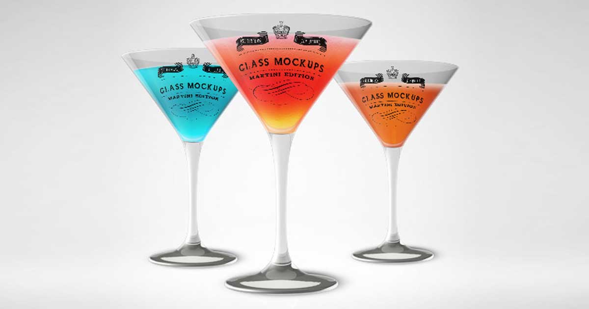 Custom waterslide decal graphics on three stemmed cocktail glasses